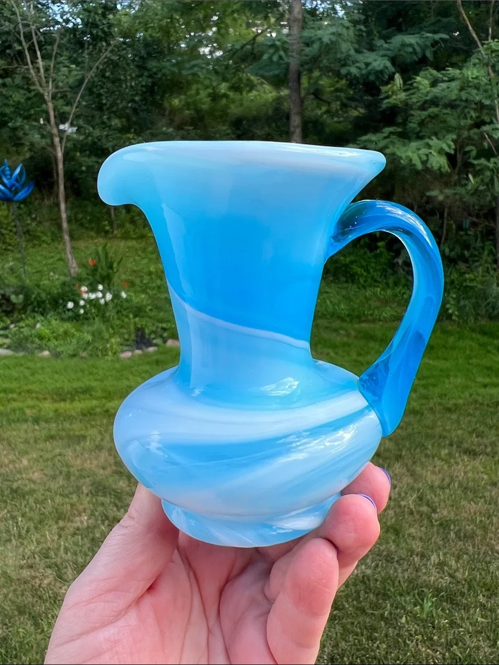 Vintage Rainbow Glass Blue Slag Glass Milk Pitcher Brush Cup Hand Blown in USA